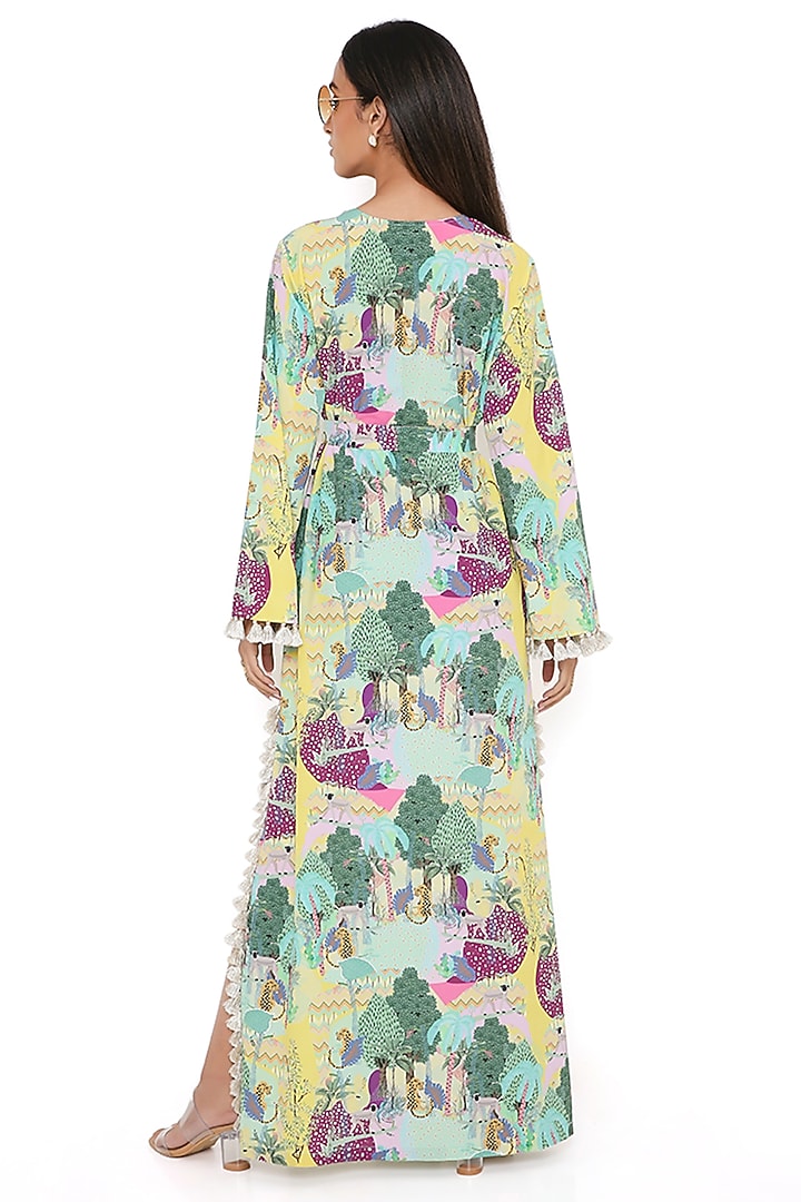 Yellow Art Crepe Printed Kaftan With Belt by PS Pret by Payal Singhal at Pernia's Pop Up Shop