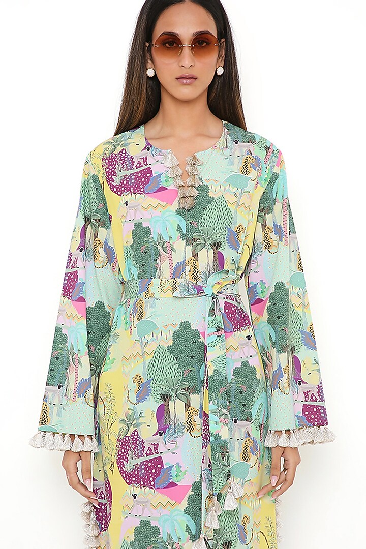 Yellow Art Crepe Printed Kaftan With Belt by PS Pret by Payal Singhal at Pernia's Pop Up Shop