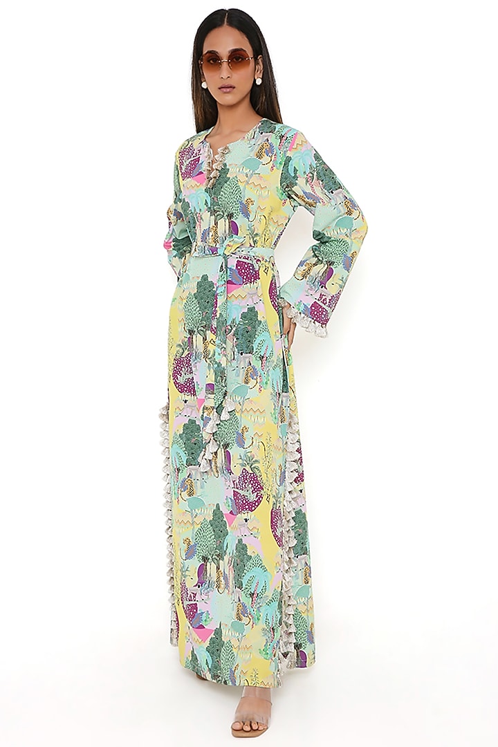 Yellow Art Crepe Printed Kaftan With Belt by PS Pret by Payal Singhal at Pernia's Pop Up Shop