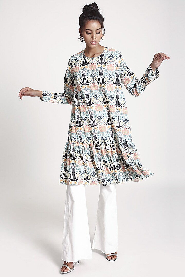 Off White Floral Printed Crepe Tunic by PS Pret by Payal Singhal