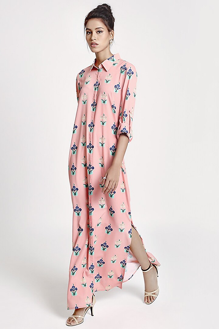 Coral Printed Maxi Shirt Dress by PS Pret by Payal Singhal