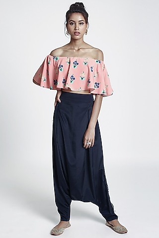 Coral & Navy Blue Printed Pant Set by PS Pret by Payal Singhal