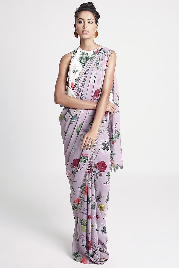 Ivory & Purple Crepe Floral Printed Party Wear Saree Set by PS Pret by Payal Singhal at Pernia's Pop Up Shop