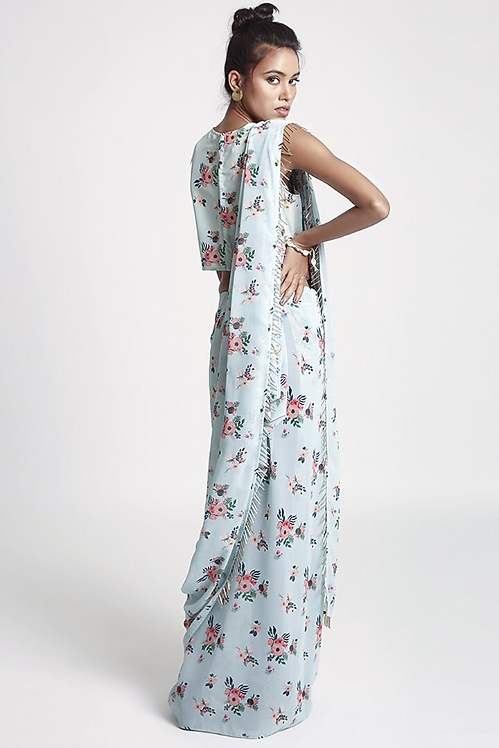 Powder Blue Crepe & Georgette Floral Printed Party Wear Saree Set by PS Pret by Payal Singhal at Pernia's Pop Up Shop