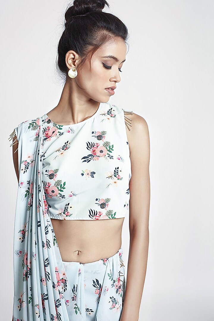 Powder Blue Crepe & Georgette Floral Printed Party Wear Saree Set by PS Pret by Payal Singhal at Pernia's Pop Up Shop