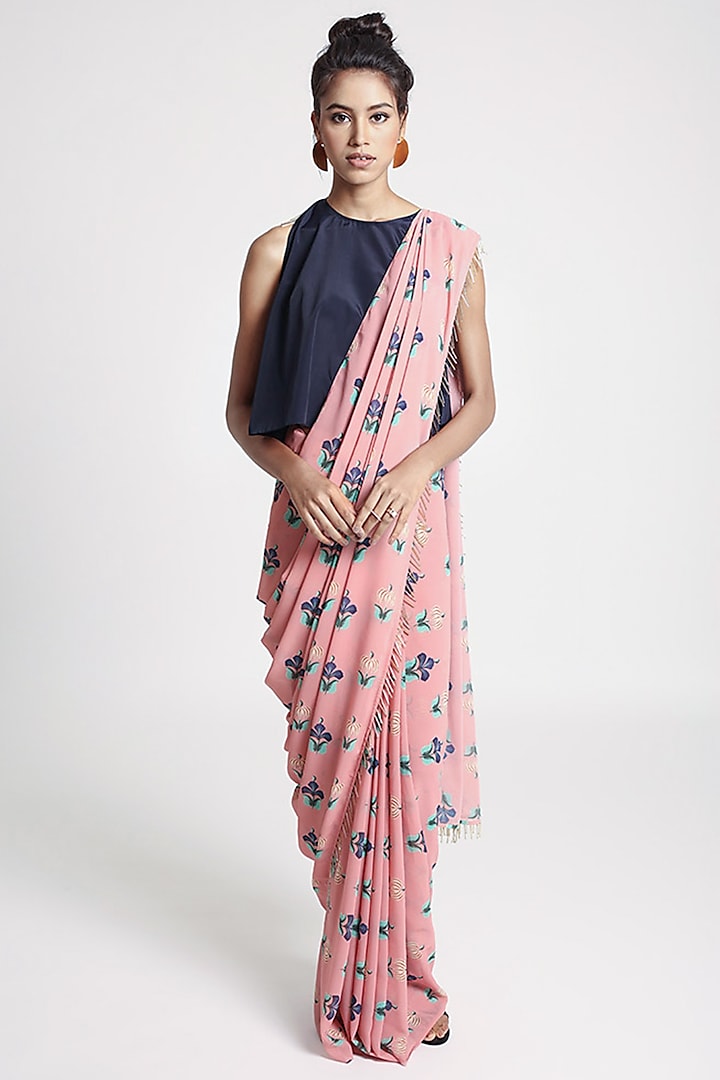 Pink & Navy Blue Printed Saree Set by PS Pret by Payal Singhal