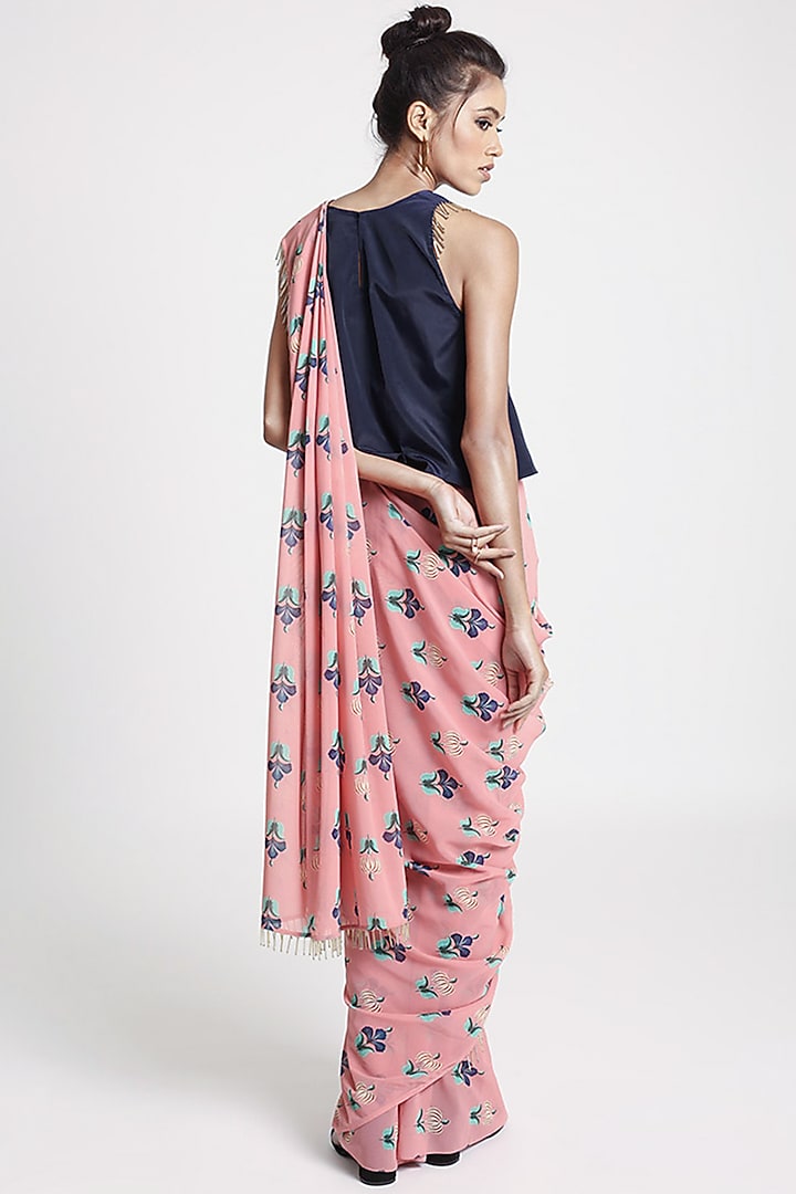 Pink & Navy Blue Printed Party Wear Saree Set by PS Pret by Payal Singhal at Pernia's Pop Up Shop