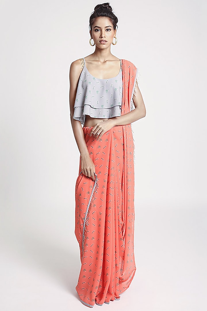 Orange & Grey Printed Saree Set by PS Pret by Payal Singhal