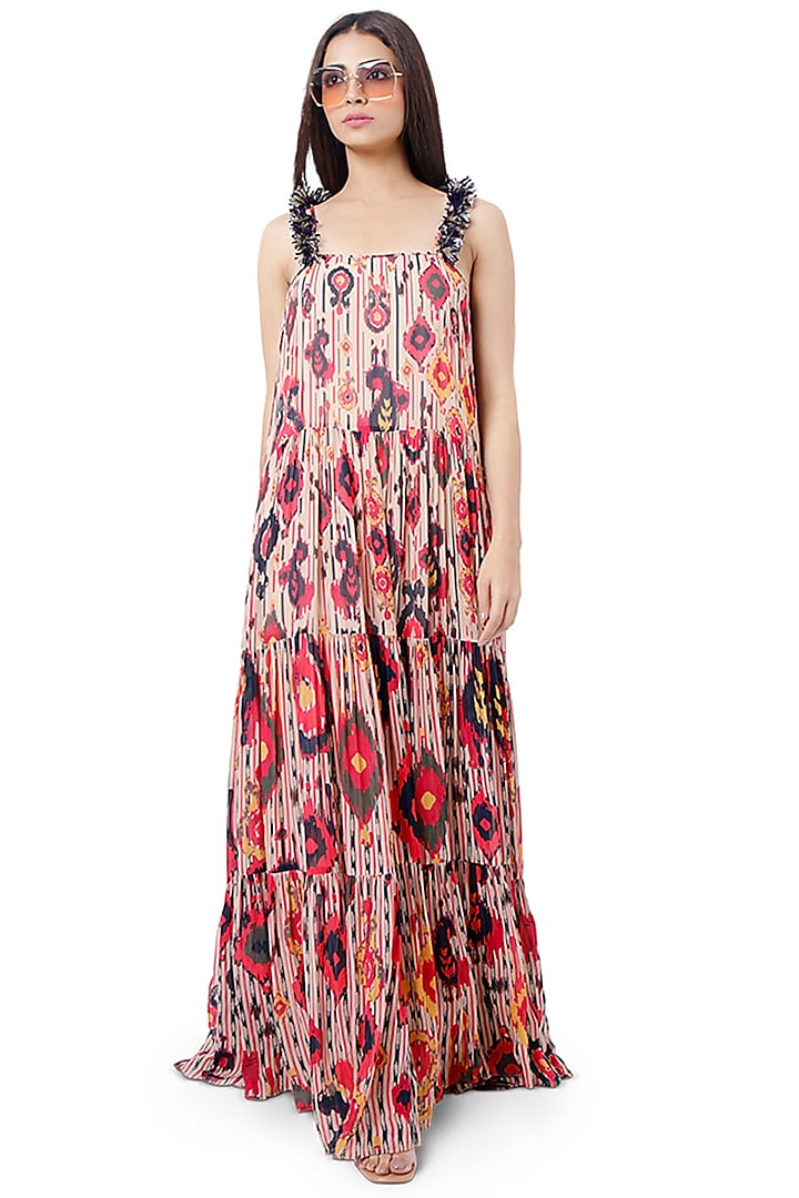 Red & Navy Blue Printed Tiered Dress by PS Pret by Payal Singhal