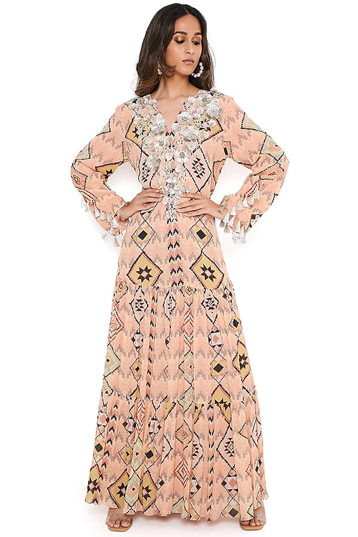 Blush Art Georgette Mosaic Printed Maxi Dress by PS Pret by Payal Singhal
