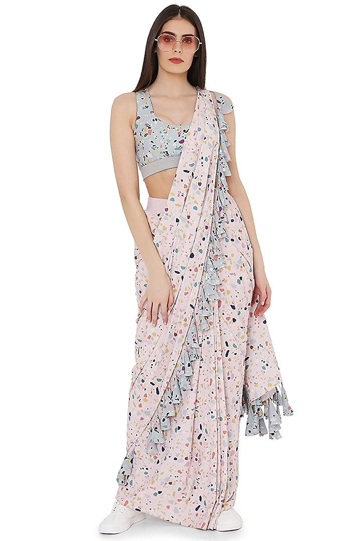 Pink & Green Art Crepe Marble Printed Tasseled Party Wear Saree Set by PS Pret by Payal Singhal at Pernia's Pop Up Shop
