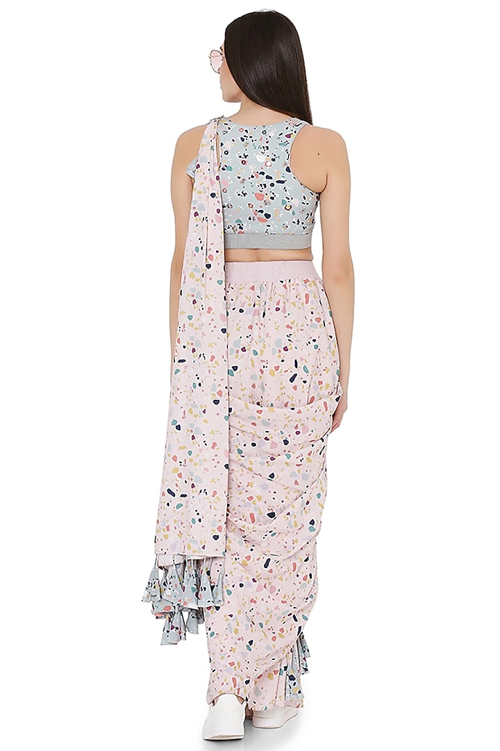 Pink & Green Art Crepe Marble Printed Tasseled Party Wear Saree Set by PS Pret by Payal Singhal at Pernia's Pop Up Shop