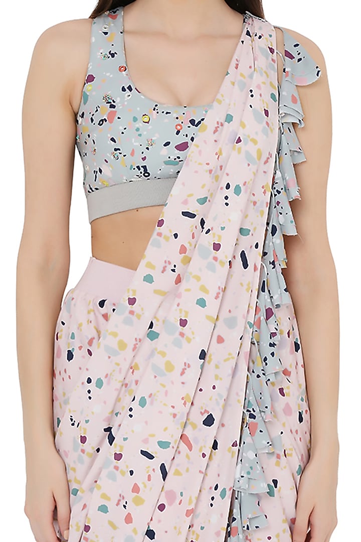 Pink & Green Art Crepe Marble Printed Tasseled Party Wear Saree Set by PS Pret by Payal Singhal at Pernia's Pop Up Shop