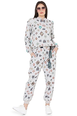 Grey Printed & Embroidered Jumpsuit by PS Pret by Payal Singhal