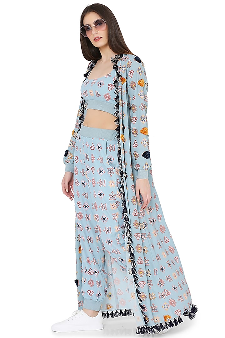 Blue Printed & Embroidered Jacket Set by PS Pret by Payal Singhal