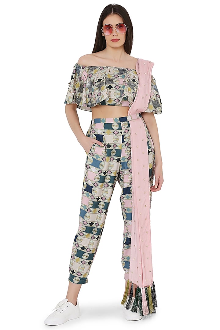 Green & Rose Pink Embroidered Jogger Pant Set by PS Pret by Payal Singhal