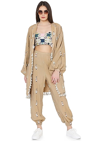 Gold & Green Embroidered Oversized Jacket Set by PS Pret by Payal Singhal