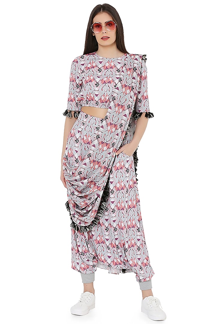 Grey Printed Low-Crotch Pant Set With Draped Dupatta by PS Pret by Payal Singhal