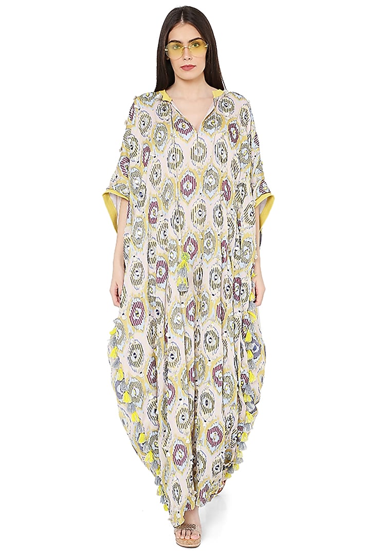 Yellow Printed & Embroidered Kaftan by PS Pret by Payal Singhal