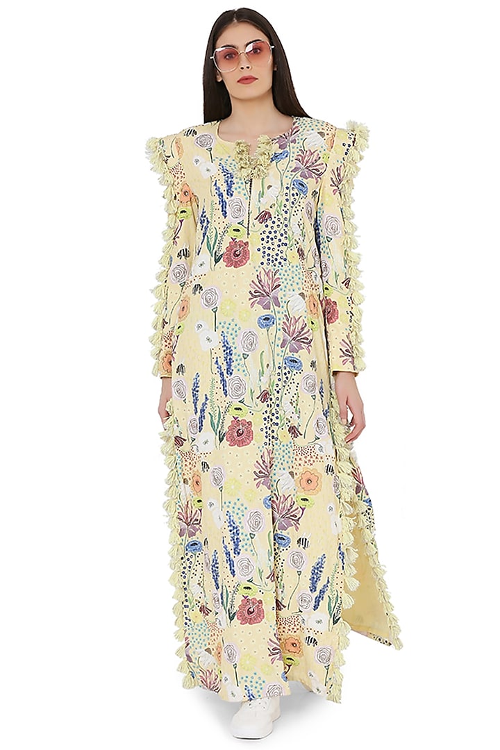 Yellow Printed & Embroidered High-Slit Kaftan by PS Pret by Payal Singhal