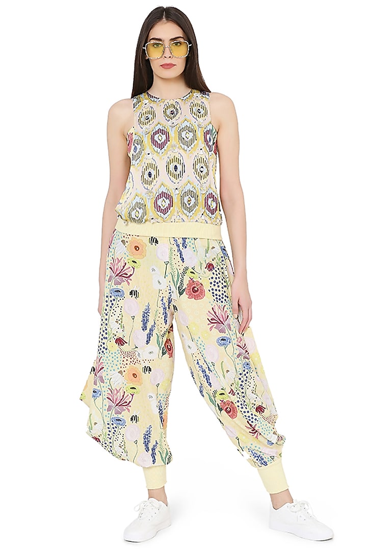 Yellow Printed & Embroidered Cowl Pant Set by PS Pret by Payal Singhal
