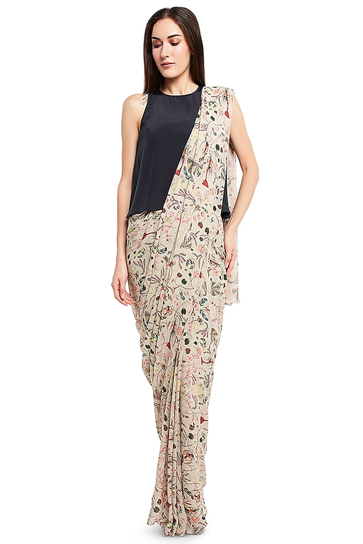 Black & Khaki Forest Printed Saree Set by PS Pret by Payal Singhal