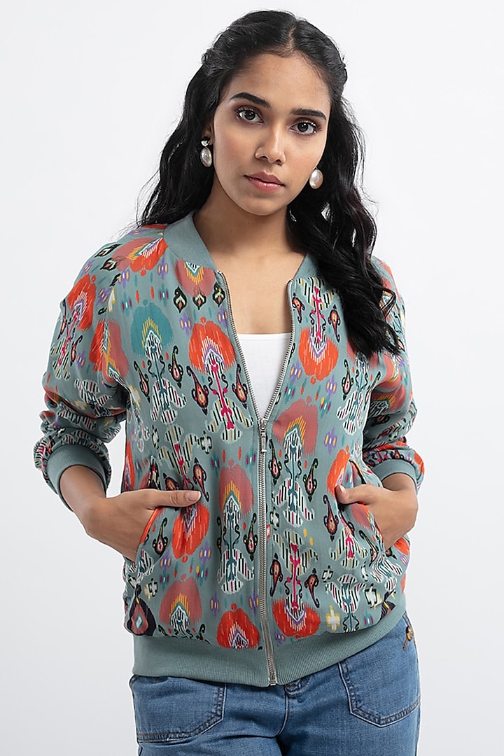 Blue Garden Printed Bomber Jacket by PS Pret by Payal Singhal