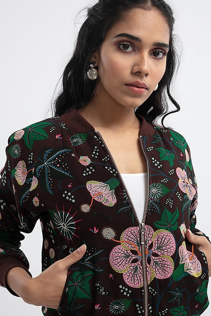 Brown Printed Bomber Jacket by PS Pret by Payal Singhal