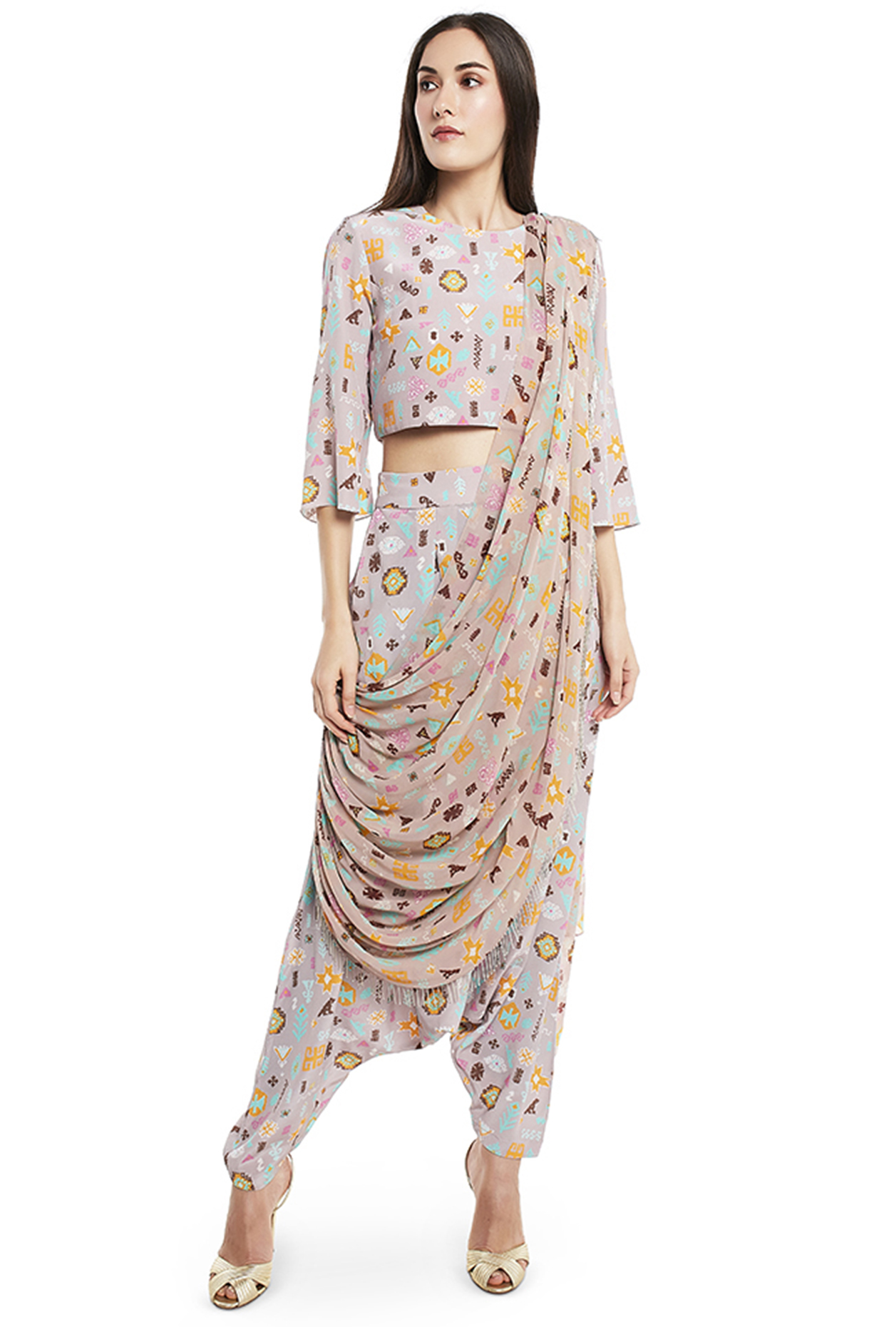 Lavender Printed Pant Set With Drape by PS Pret by Payal Singhal at Pernia's Pop Up Shop