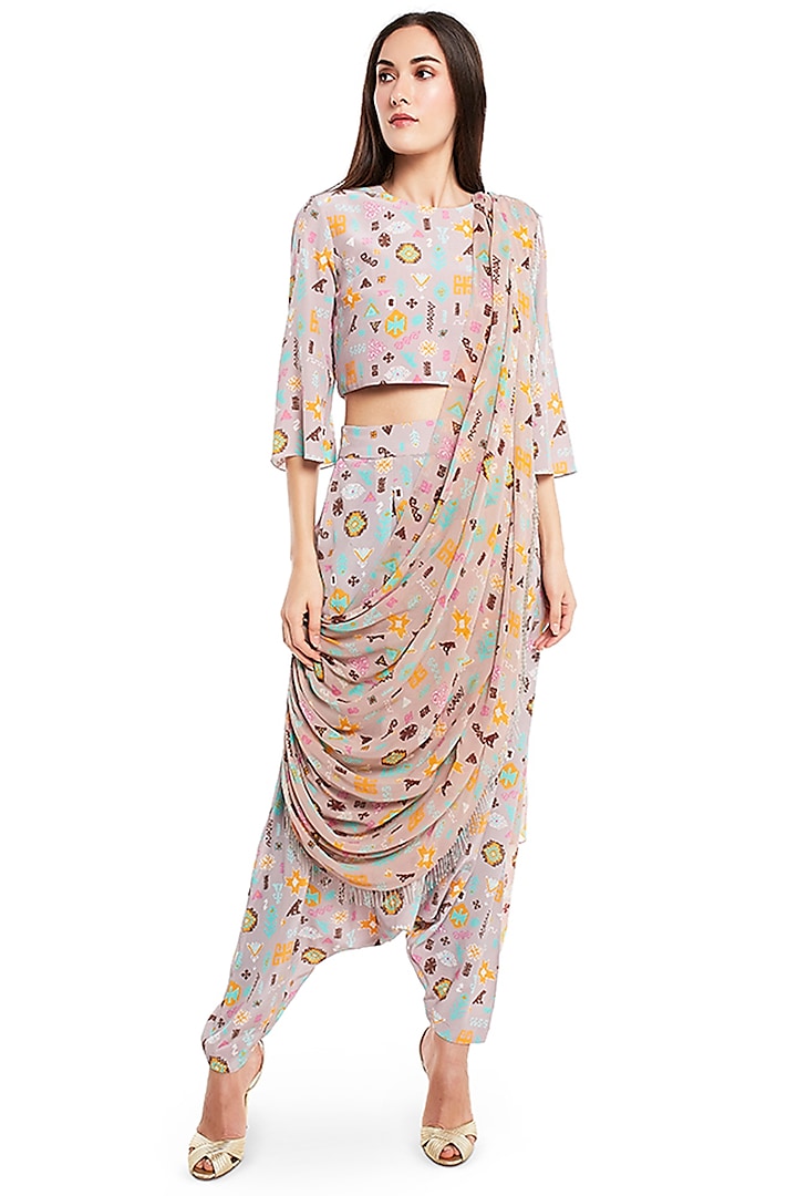 Lavender Printed Pant Set With Drape by PS Pret by Payal Singhal at Pernia's Pop Up Shop