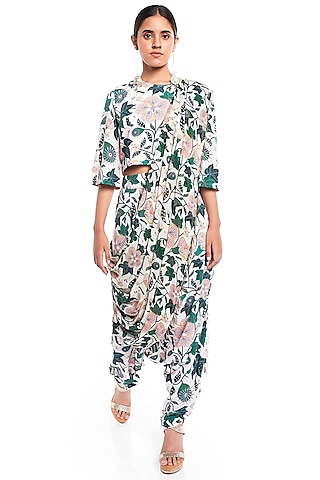 White Printed Pant Set With Drape by PS Pret by Payal Singhal