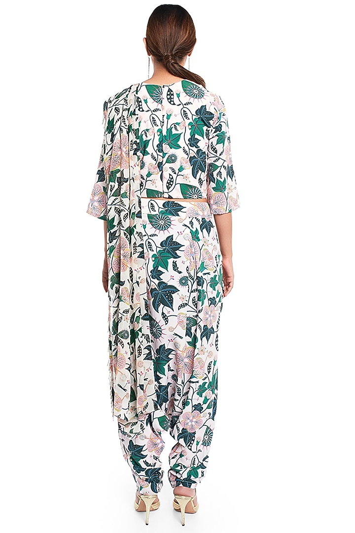 White Printed Pant Set With Drape by PS Pret by Payal Singhal at Pernia's Pop Up Shop