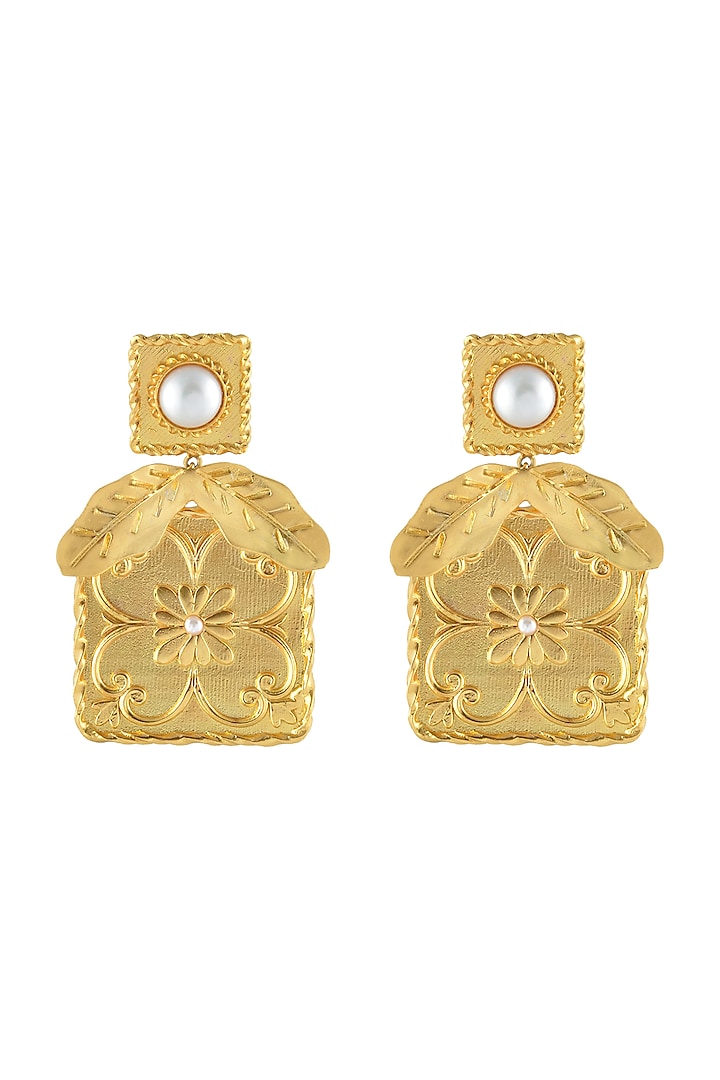 Gold Plated Pearl Handmade Tile Earrings by Prints by Radhika Jewellery