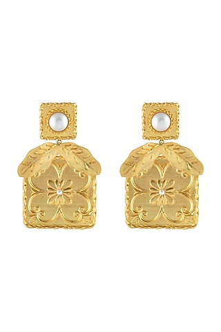 Gold Plated Pearl Handmade Tile Earrings by Prints by Radhika Jewellery