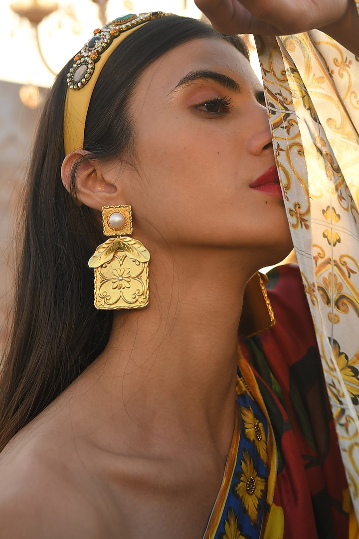 Gold Plated Pearl Handmade Tile Earrings by Prints by Radhika Jewellery at Pernia's Pop Up Shop