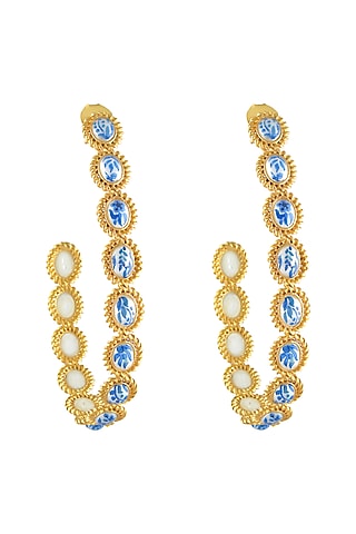 Gold Plated Hand Painted Hoop Earrings With Pearl by Prints by Radhika Jewellery