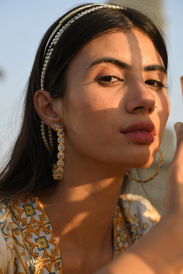 Gold Plated Hand Painted Hoop Earrings With Pearl by Prints by Radhika Jewellery at Pernia's Pop Up Shop