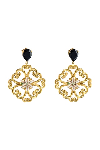 Gold Plated Hand Painted Lily Motif Earrings by Prints by Radhika Jewellery
