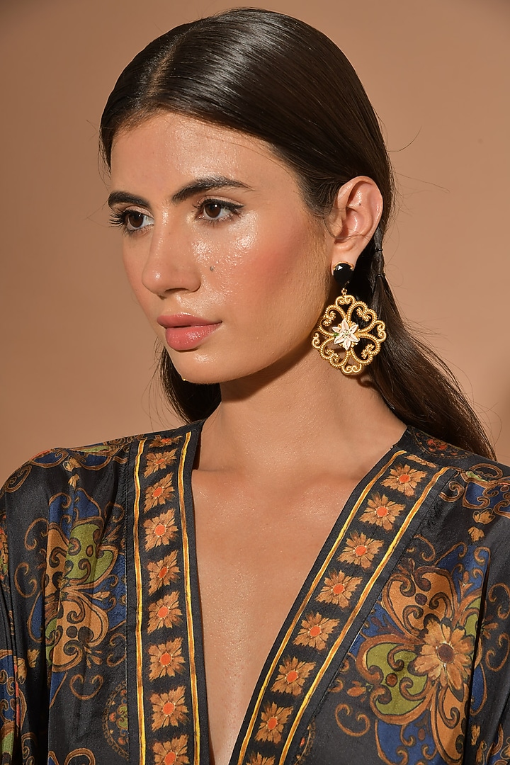 Gold Plated Hand Painted Lily Motif Earrings by Prints by Radhika Jewellery at Pernia's Pop Up Shop