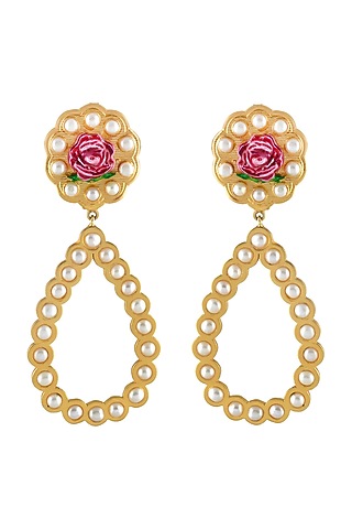 Gold Plated Hand Painted Earrings With Pearl by Prints by Radhika Jewellery
