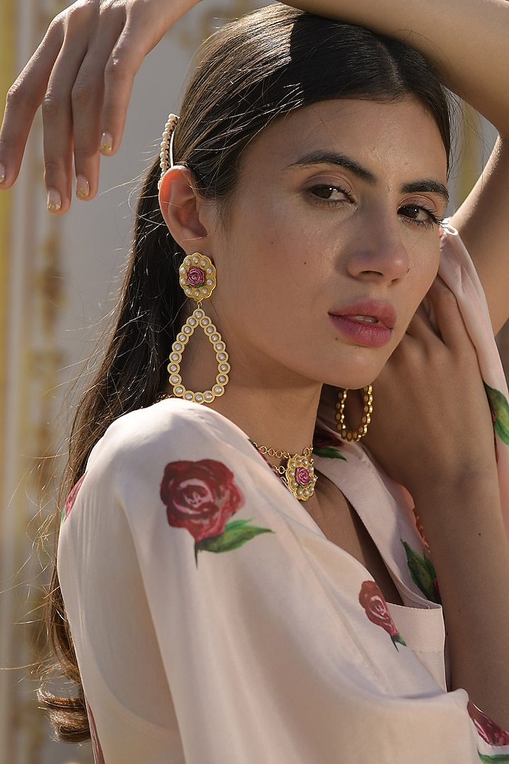 Gold Plated Hand Painted Earrings With Pearl by Prints by Radhika Jewellery at Pernia's Pop Up Shop