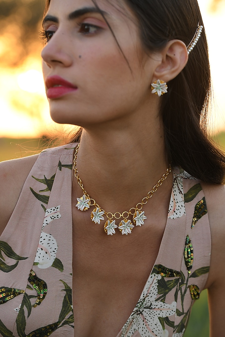 Gold Plated Hand Painted Lily Necklace by Prints by Radhika Jewellery at Pernia's Pop Up Shop