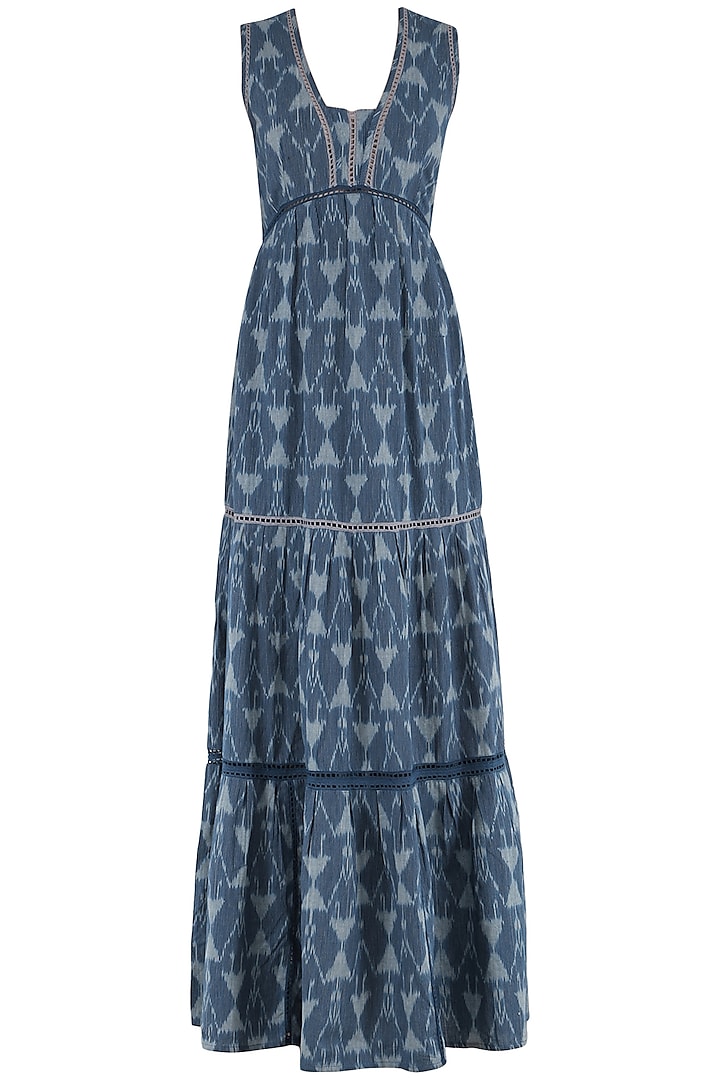 Dark Blue and White Ikkat Tiered Maxi Dress by PABLE