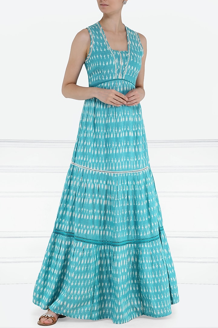 Sky blue and white ikkat tiered maxi dress available only at Pernia's Pop Up Shop.