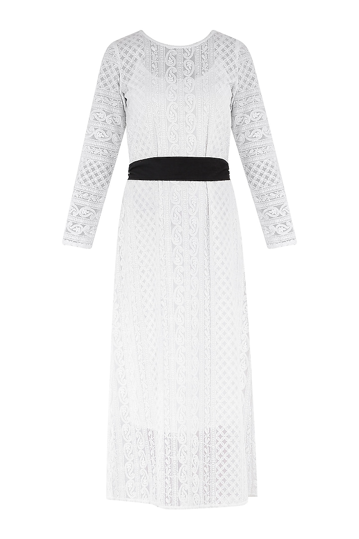 White chikankari midi dress with belt by PABLE