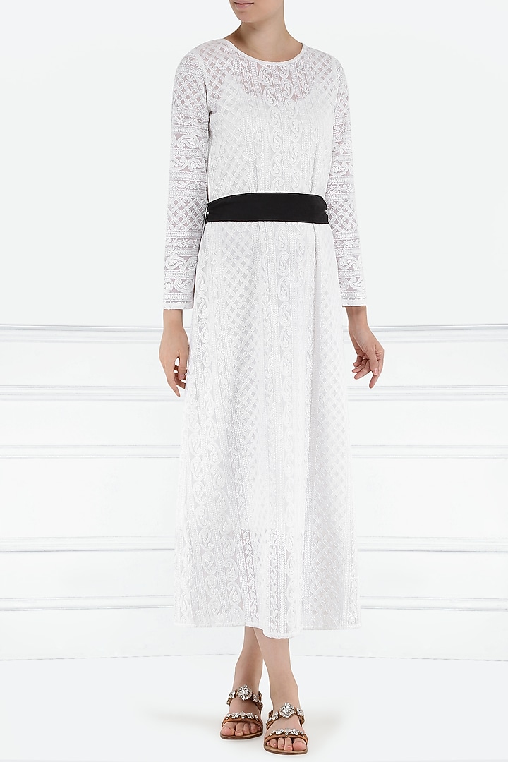 White chikankari midi dress with belt available only at Pernia's Pop Up Shop.