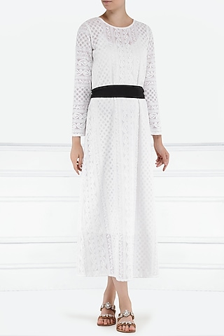 White chikankari midi dress with belt by PABLE