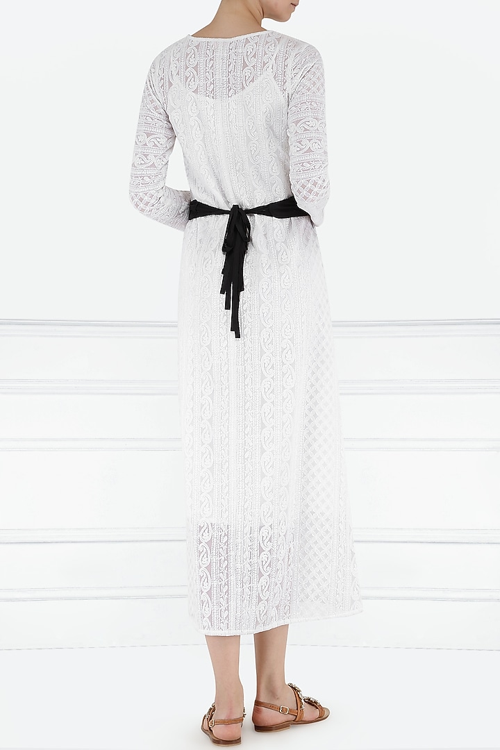 White chikankari midi dress with belt available only at Pernia's Pop Up Shop.