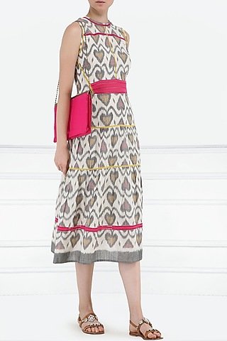 Grey and white ikkat tiered knee length dress by PABLE