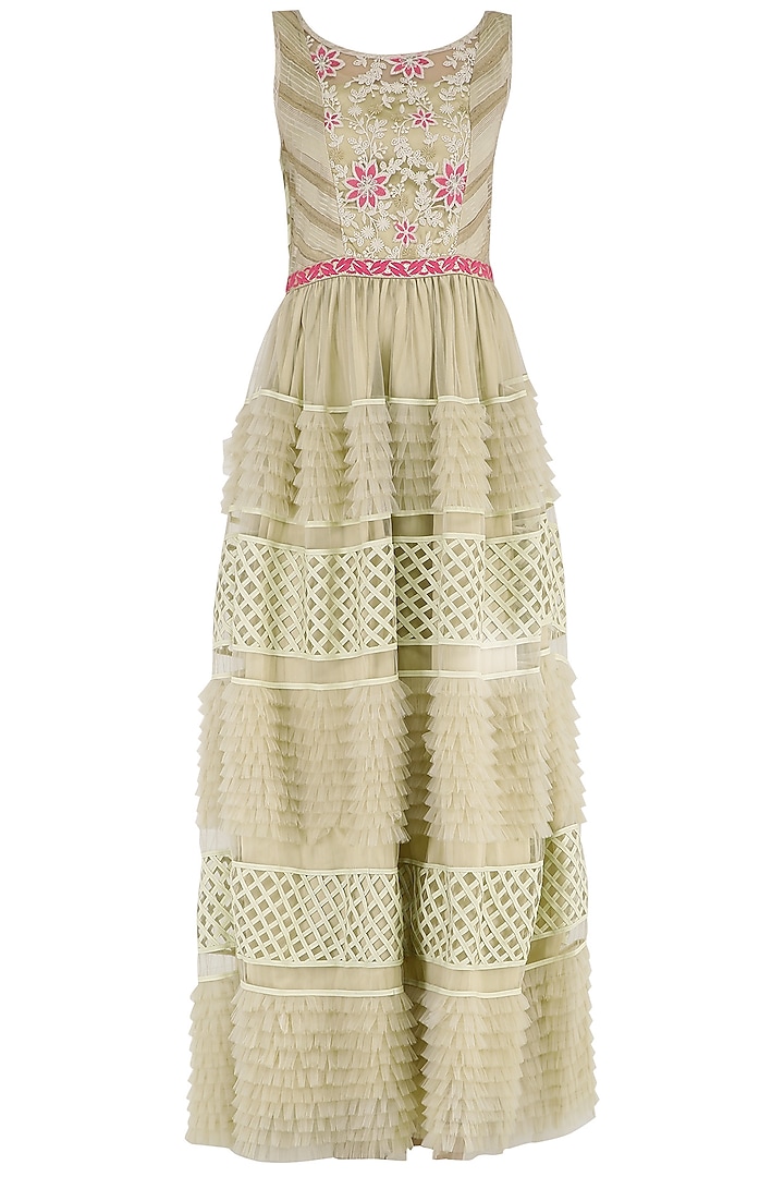 Off White and Beige Embroidered Tiered Gown by PABLE